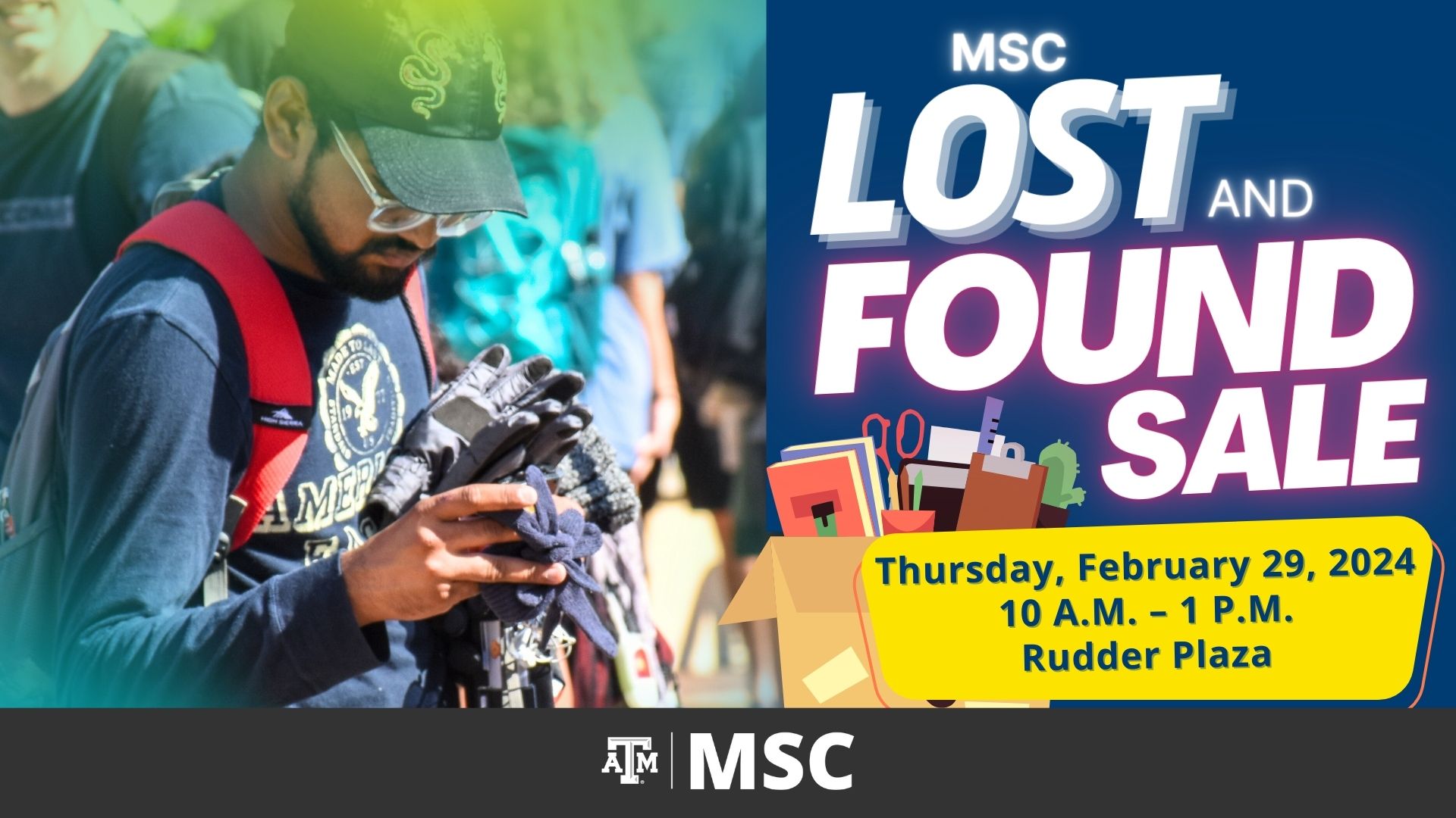MSC Lost and Found Sale, Thursday, February 29, 2024 from 10 a.m. to 1 p.m. at Rudder Plaza