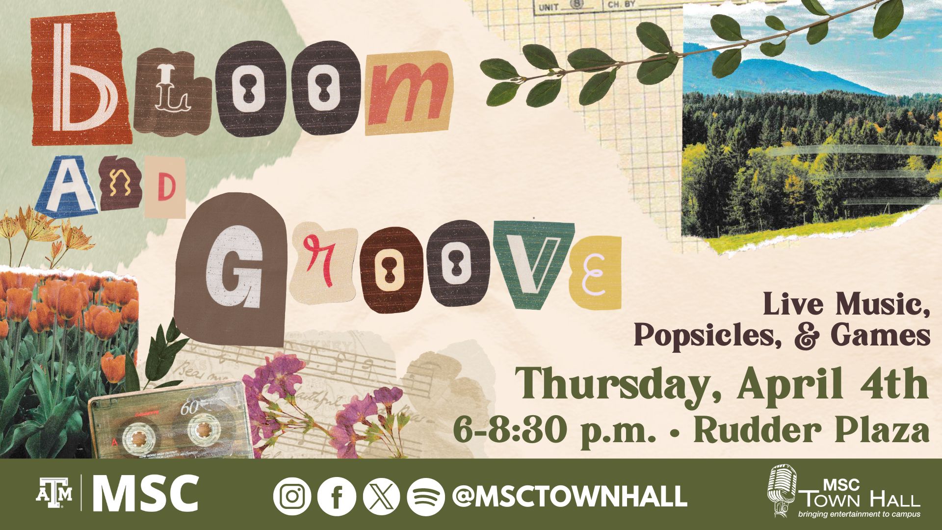 Bloom and Groove presented by MSC Town Hall, live music, popsicles and games. Thursday, April 4th, from 6 to 8:30 p.m., at Rudder Plaza. Instagram , Facebook, X, Spotify @msctownhall