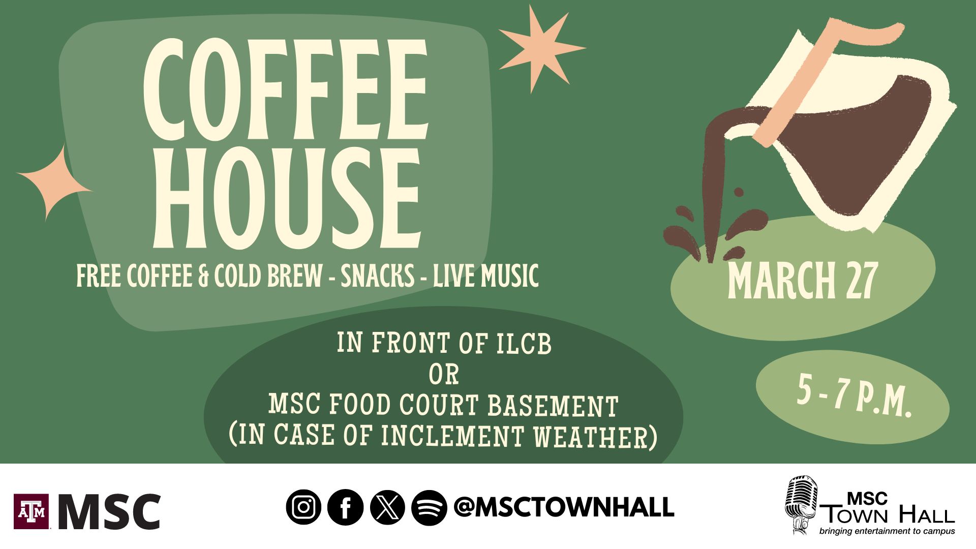 MSC Town Hall Presents CoffeeHouse, March 27 from 5 to 7 p.m. in front of ILCB or MSC Food Court Basement (In case of inclement weather). Free Coffee and Cold Brew, snacks and live music. Instagram , Facebook, Twitter, Spotify @msctownhall