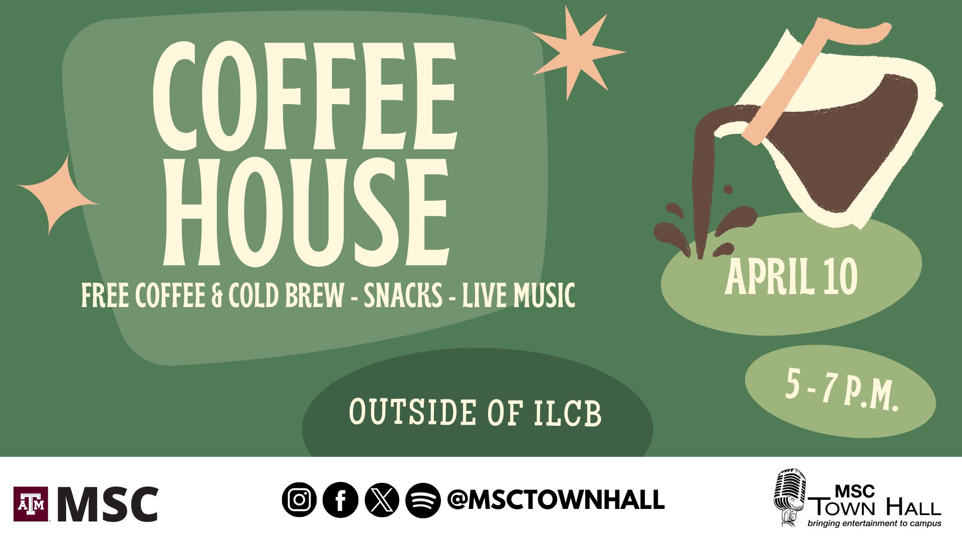 MSC Town Hall Presents CoffeeHouse, April 10 from 5 to 7 p.m. Outside of ILCB. Free Coffee and Cold Brew, snacks and live music. Instagram , Facebook, Twitter, Spotify @msctownhall